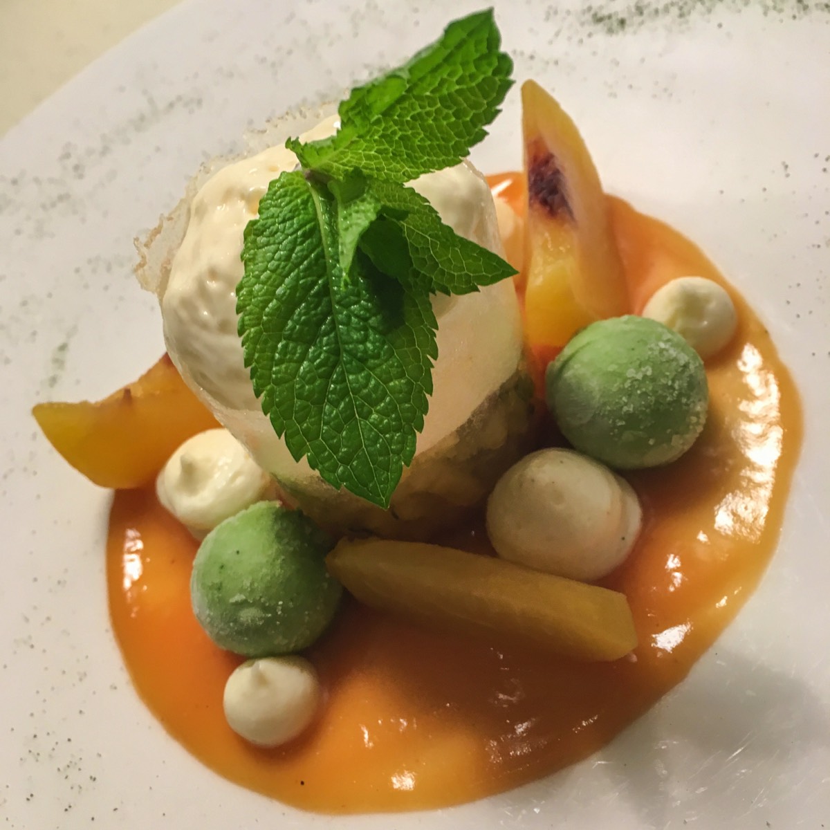 Colmar, L'Atelier du Paintre : Douceur de pêche pochée, Tartare de pêche à l'estragon et sabayon au crémant d'Alsace