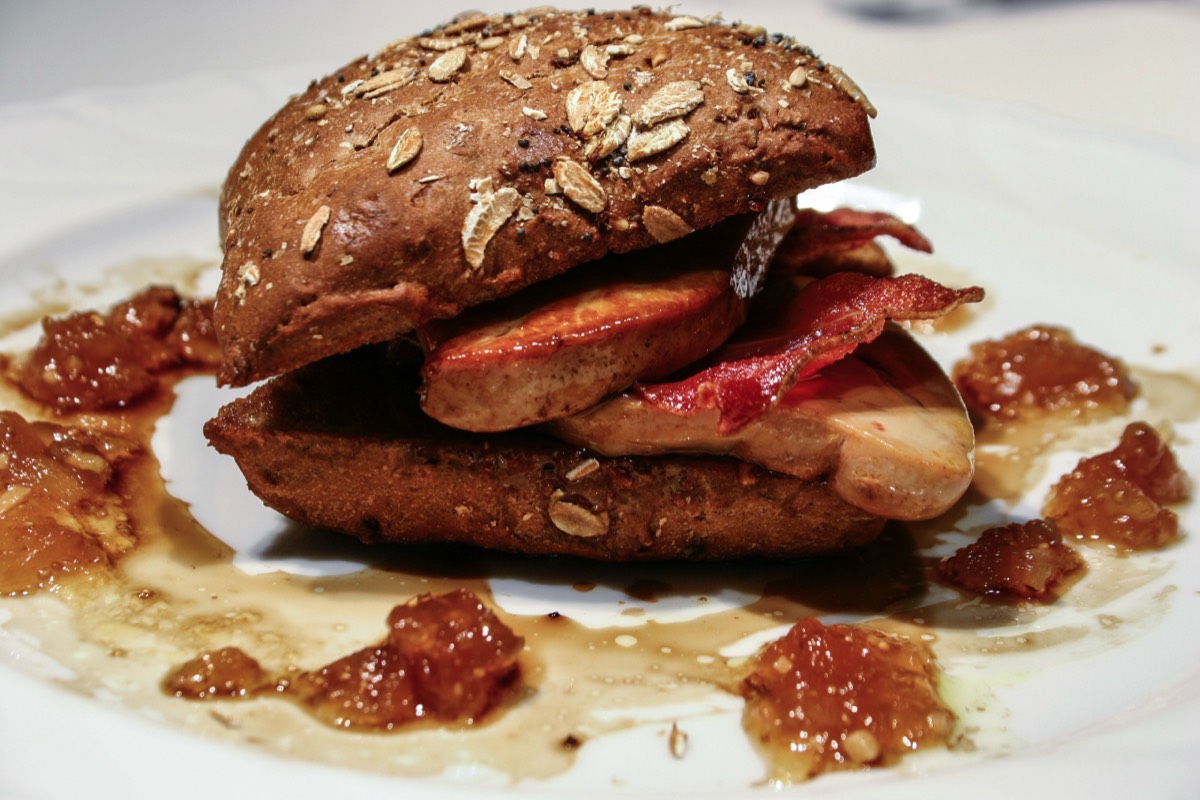 Hamburger with foie gras and smoked wild boar